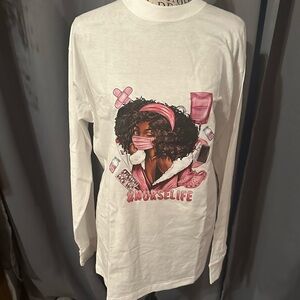 White Long Sleeve Graphic Tee with Pink Design